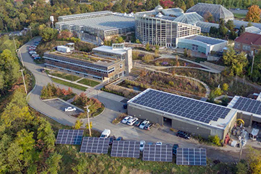 Aerial view of the Center for Sustainable Landscapes featuring solar panels