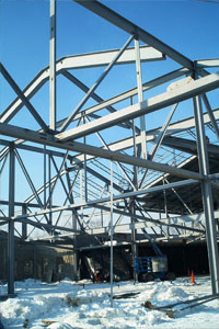 Structural steel framing during erection