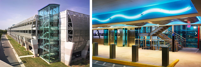 Side-by-size pictures of CDIA Daily Parking garage, Charlotte, North Carolina, left exterior and right interior