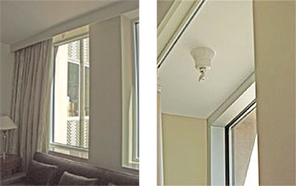 side by side photos: left-Room with a sprinkler head installed at window to ensure proper safety, and right-Close up of a sprinkler head installed at window